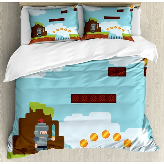 Video Games King Size Duvet Cover Set, Arcade World Kids 90's Fun Theme Knight with Sword Fireball Bonus Stars Coins, Decorative 3 Piece Bedding Set with 2 Pillow Shams, Multicolor, by Ambesonne