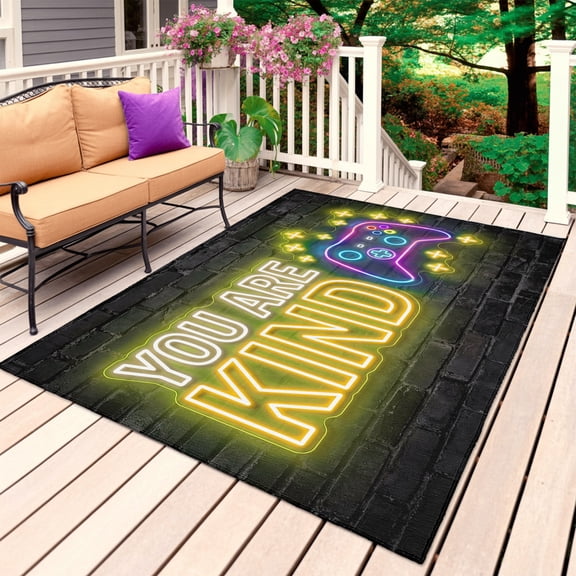 Video Games Outdoor Rug for Patio/Deck/Porch, Non-Slip Large Area Rug 6 x 9 Ft, Modern Game Zone Geometric Graffiti Brick Indoor Outdoor Rugs Washable Area Rugs, Reversible Camping Rug Carpet Runner