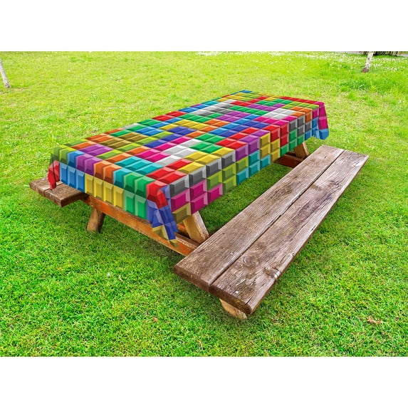 Video Games Outdoor Tablecloth, Colorful Retro Gaming Computer Brick Blocks Image Puzzle Digital 90's Play, Decorative Washable Fabric Picnic Table Cloth, 58 X 84 Inches,Multicolor, by Ambesonne