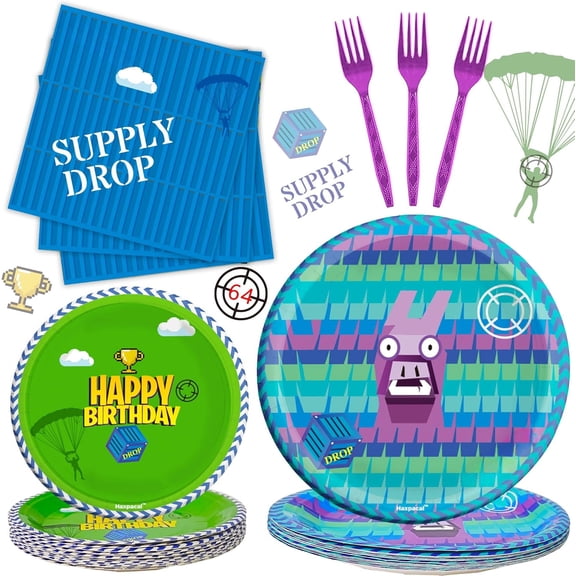 Video Games Party Tableware Supplies 64pcs Llama Set Including 32 pcs Plates, 16 pcs Forks and 16 pcs Napkins, Video Games Theme Party Baby Shower Birthday Decorations