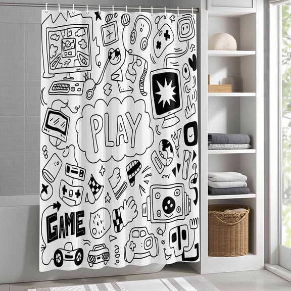 Video Games Shower Curtain for Bathroom, Gaming Console Sketch Fabric Shower Curtain Set with Hooks, Waterproof Washable Bath Curtain for Bathroom Decor, 36"x72"