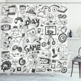 thumbnail image 1 of Video Games Shower Curtain, Gaming Theme Sketch Style Print, Fabric Bathroom Decor Set with Hooks, 70 Inches Long, by Ambesonne, 1 of 2