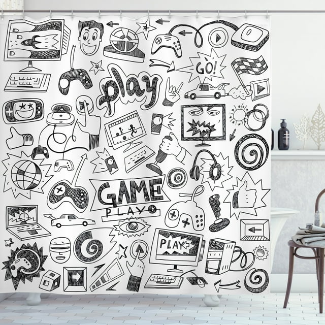 Video Games Shower Curtain, Gaming Theme Sketch Style Print, Fabric Bathroom Decor Set with Hooks, 70 Inches Long, by Ambesonne