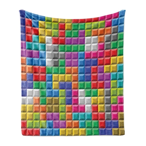 Video Games Soft Flannel Fleece Throw Blanket, Colorful Retro Gaming Computer Brick Blocks Image Puzzle Digital 90's Play, Cozy Plush for Indoor and Outdoor Use, 50" x 60", Multicolor, by Ambesonne