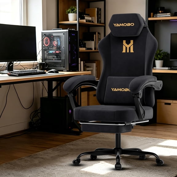 Video Gaming Chair with Footrest, Massage Lumbar Support and Headrest for Adults, Ergonomic Fabric High Back Computer Desk Gamer Chair with 360°Swivel Wheels for Office, BLACK
