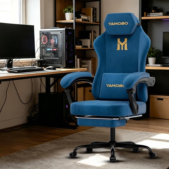 Video Gaming Chair with Footrest, Massage Lumbar Support and Headrest for Adults, Ergonomic Fabric High Back Computer Desk Gamer Chair with 360°Swivel Wheels for Office, BLUE