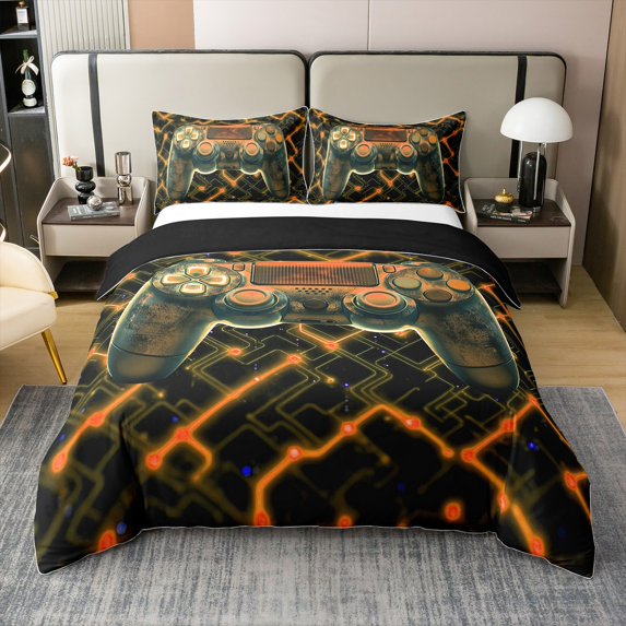 Video Gaming Controller 100% Cotton Duvet Cover King Size, 3D Game Console Comforter Cover For Bedroom, Gamepad Printed Soft Bedding Set, Black Orange Geometric Quilt Cover(No Comforter)