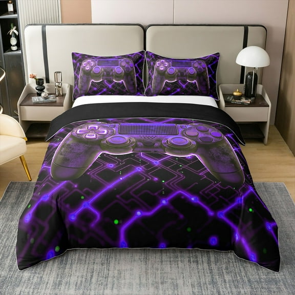 Video Gaming Controller 100% Cotton Duvet Cover Twin Size, Geometric Gamepad Comforter Cover, Game Console Printed Soft Bedding Set For Bedroom, Black Purple 3D Quilt Cover（No Comforter）