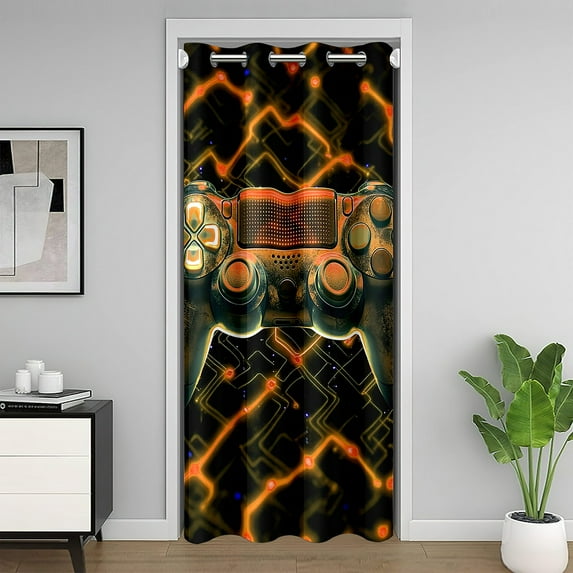 Video Gaming Controller Door Curtain For Doorway Privacy 42"W x 84"L, 3D Game Console Blackout Curtain, Gamepad Thermal Door Drape, Black Orange Geometric Room Divider Curtain