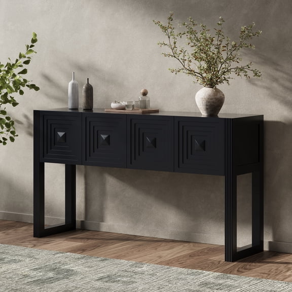 [Video] Geometric Carved Console Table with 3 Soft-Close Drawers, Fluted Leg Details, Entryway Sofa Table for Living Room Hallway, Black