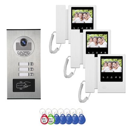 Video Intercom System for Apartment,3 Units 4.3 inch Monitor Wired Video Door Phone Kit,Indoor Outdoor Video Doorbell, Doorphone Telephone Style, Onekey Unlock,2 Way Audio, 3-Screen for Home
