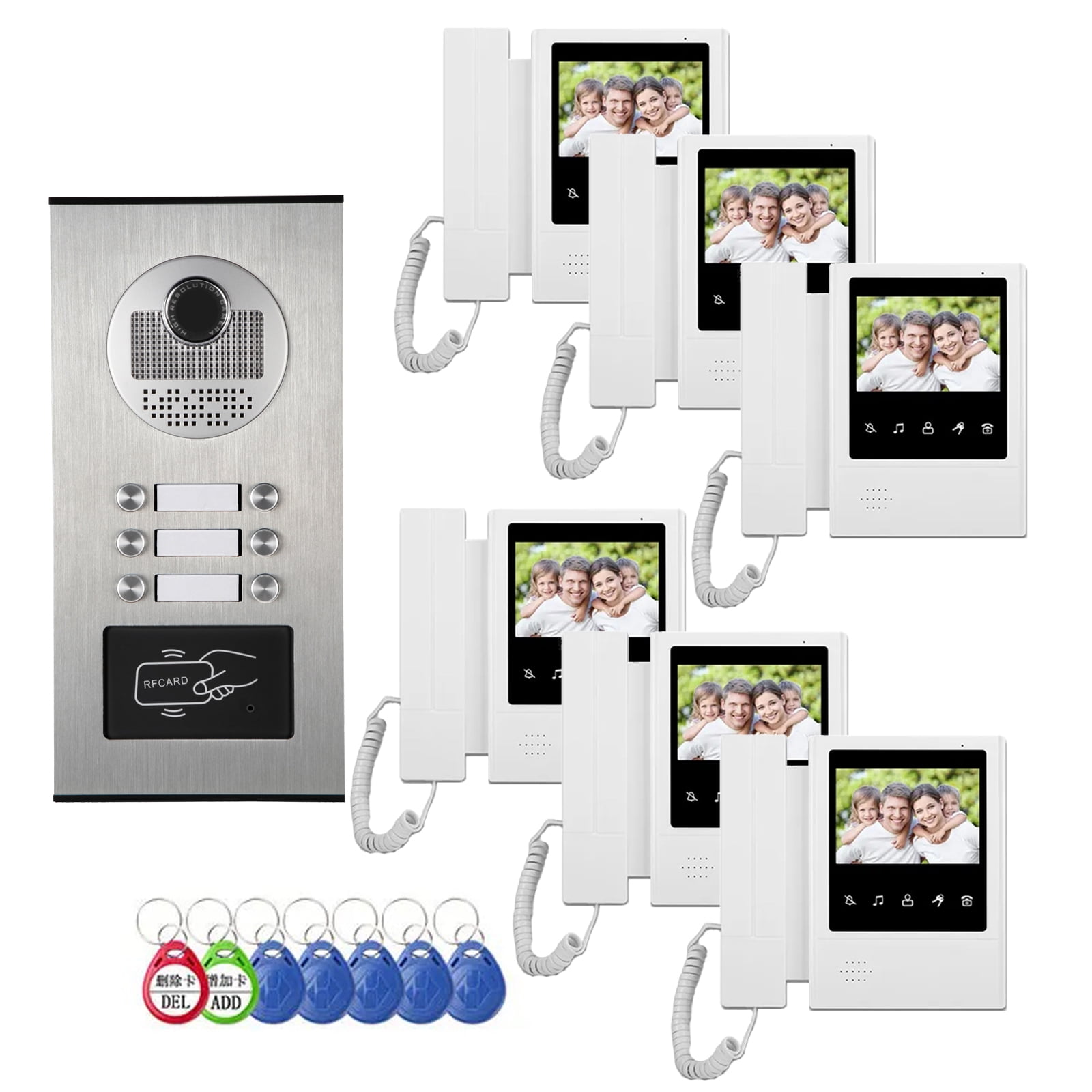 Video Intercom System for Apartment,6 Units 4.3 inch Monitor Wired Video Door Phone Kit,Indoor Outdoor Video Doorbell, Doorphone Telephone Style, Onekey Unlock,2 Way Audio, 6-Screen for Home