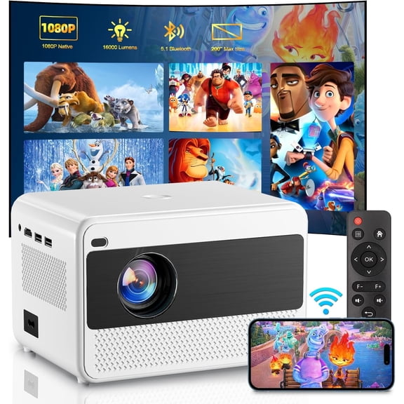 Video Projector with 5G WiFi and  5.1,  1080P  Projector with Speaker, 16000LM Outdoor Movie Projector, Max 200" Compatible with  / Android / TV Stick / Laptop / HDMI / USB
