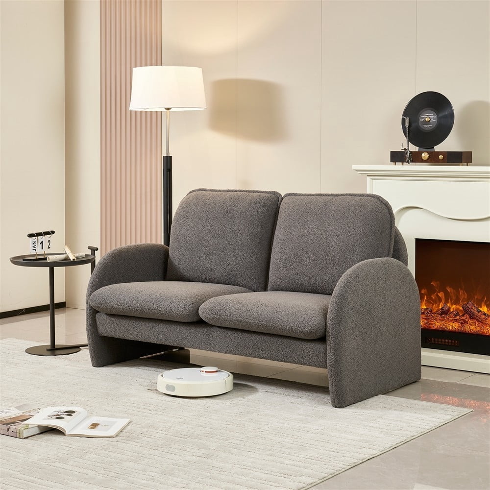 Modern Sherpa Fabric 59" Loveseat Sofa for Living Room - Solid Wood Frame