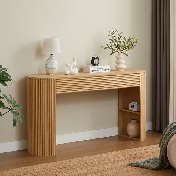 [Video] Retro Console Table with Storage, 3 Drawers, 1 Table-Leg Niche, Round Slat Aesthetic, Entryway, Living Room & Hallway, Nature