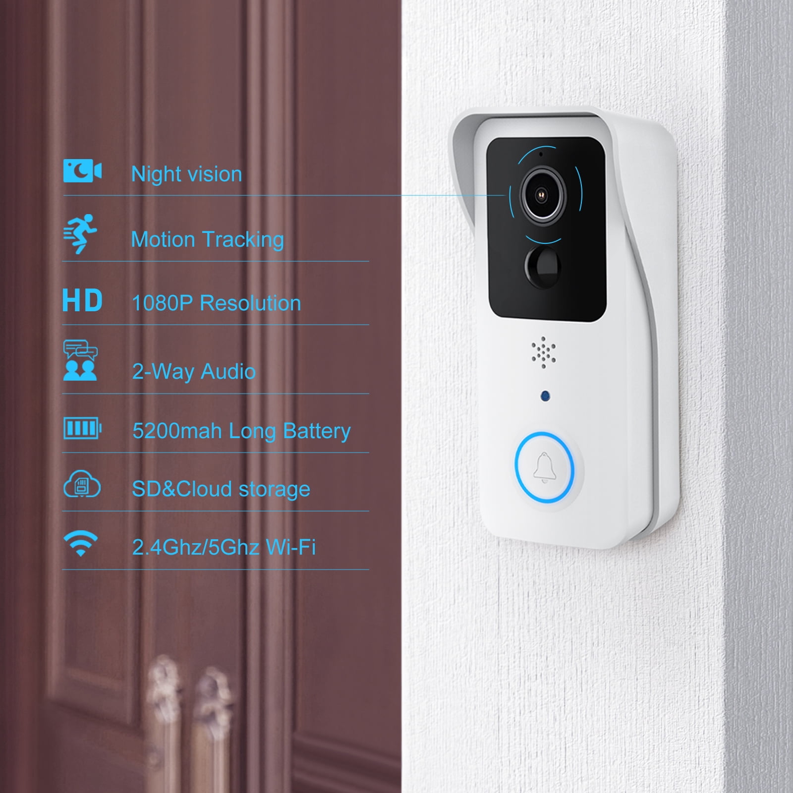 Video Ring Wireless Doorbell Camera,1080p Hd Door Bell Cameras Home Security Cameras Wireless