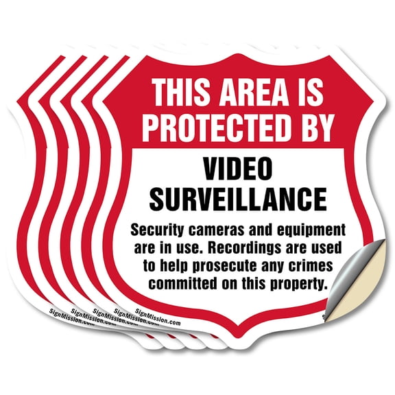 Video Surveillance This Area Is Protected By Video Surveillance Security Cameras And Equipment Are In Use (5 Pack) 4 inch X 4 inch Shield Shaped Heavy Duty 3.2 mil Vinyl Decals Made in