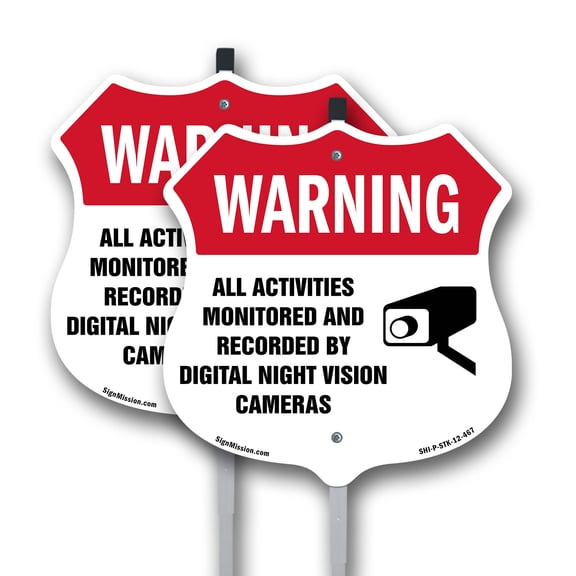 Video Surveillance Shield Label Set Warning All Activities Monitored And Recorded By Digital Night Vision (2 Pack) 12 inch X 12 inch Shield Shaped Aluminum Metal Signs with Aluminum