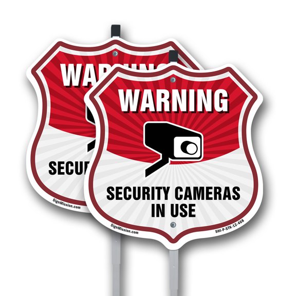Video Surveillance Shield Sign Warning Security Cameras In Use (2 Pack) 12 inch X 12 inch Shield Shaped Commercial Grade Plastic Signs with Aluminum Mounting Stakes Weather Resistant,