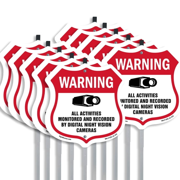 Video Surveillance Warning All Activities Monitored And Recorded By Digital Night Vision Cameras (10 Pack) 12 inch X 12 inch Shield Shaped Rust-Free Aluminum Metal Signs with Aluminum