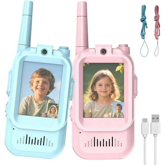 Video Talkies for Kids - 2 Pack, Rechargeable, Long Range Video Intercom, 2 Way Radio Kids Talkies for Ages 3-12 Boys Girls Indoor Outdoor (Blue+Pink)