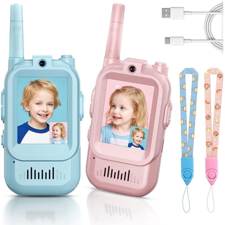 Video Walkie Talkies, Handheld 2 Pack Rechargeable Video Intercom Kids Walkies Talkies, Indoor Outdoor Toys for Family Games, Outside, Camping, Hiking for Ages 3-12 (Blue/Pink)