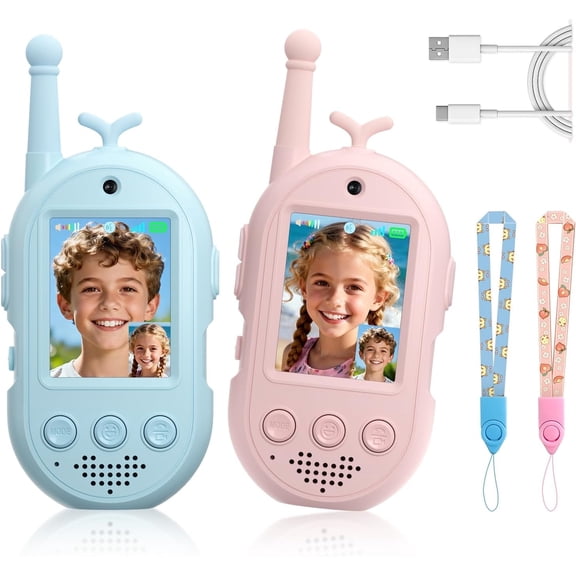 Video Walkie Talkies for Kids, Handheld 2 Pack Rechargeable Kids Video walkie talkies,Long Range Ideal for Family Games, Outside, Camping, Hiking (Pink & Blue A)