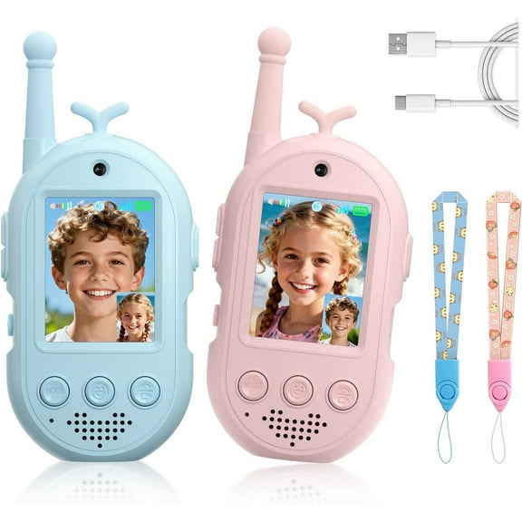Video Walkie Talkies for Kids, Handheld 2 Pack Rechargeable Kids Video walkie talkies,Long Range Ideal for Family Games, Outside, Camping, Hiking (Pink & Blue A)