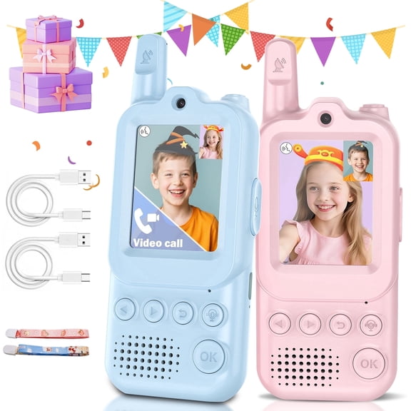 Video Walkie Talkies for Kids, Handheld 2 Pack Rechargeable Video Intercom Kids Walkies Talkies, with HD Camera & Voice Changer, Gifts for Boys & Girls Ages 310 (Pink+Blue)