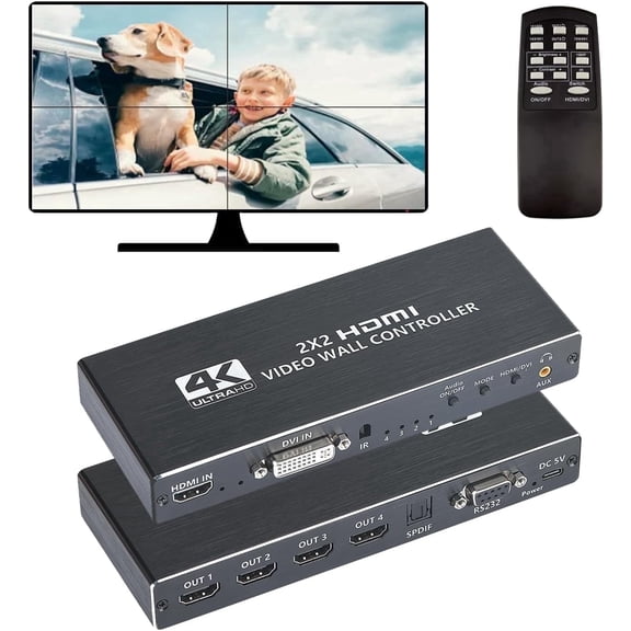 HDMI Video Wall Controller 2x2 4K, supports 11 splicing modes , RS232 control, 180° rotation, audio extraction, combines 4 TVs into a single seamless video wall