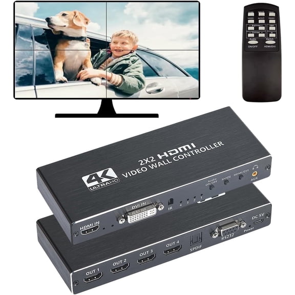HDMI Video Wall Controller 2x2 4K, supports 11 splicing modes (2x2/1x2/1x3/1x4/2x1/3x1/4x1), RS232 control, 180 rotation, audio extraction, combines 4 TVs into a single seamless video wall