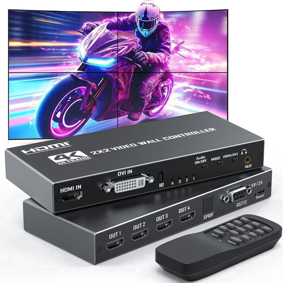 HDMI Video Wall Controller 2x2 4K, supports 11 splicing modes , RS232 control, 180° rotation, audio extraction, combines 4 TVs into a single seamless video wall