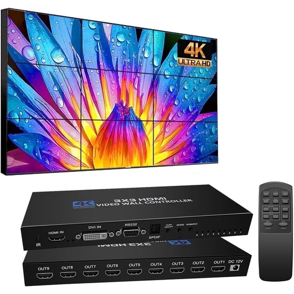 3x3 HDMI Video Wall Controller, 4K@30Hz Input, 9 HDMI Outputs, Video Wall Processor with 13 Display Modes, 180 Rotation, RS232 & IR Remote