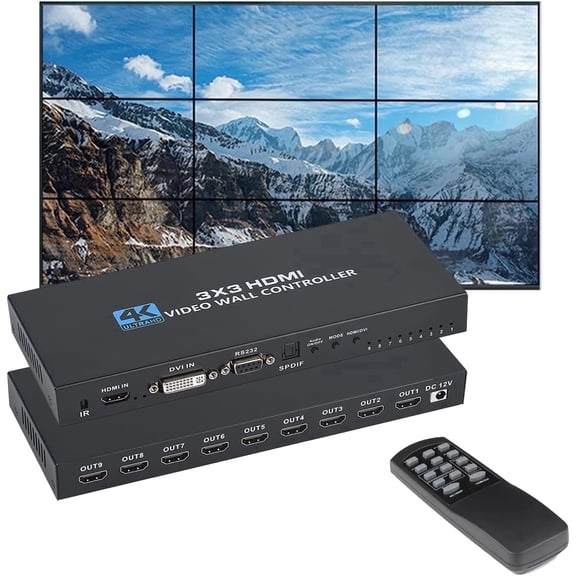 3x3 HDMI Video Wall Controller, 4K@30Hz Input, 9 HDMI Outputs, 13 Display Modes, 180 Rotation, RS232 & IR Remote