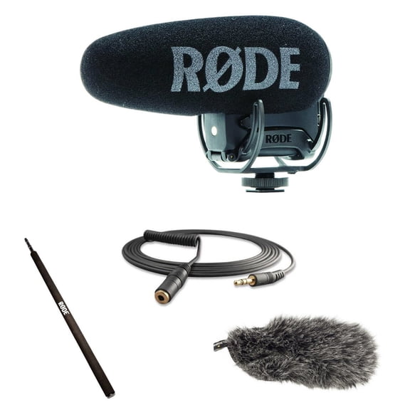Rode VideoMic Pro+ Directional On-Camera Microphone with Rycote Lyre Shockmount Bundle with Micro Boompole, Stereo Mini Jack Extension Cable, DeadCat Wind Shield