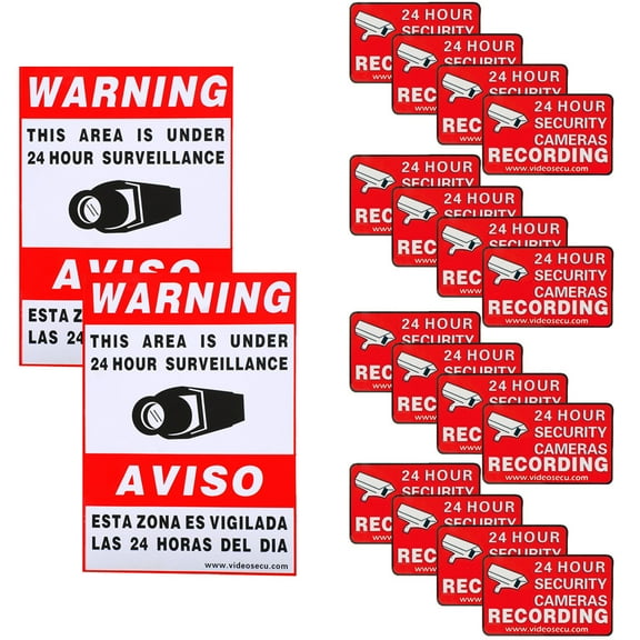 VideoSecu Warning Sign 2 Large Decals 16 Small Stickers for Security Camera CCTV Surveillance DVR System 3a4