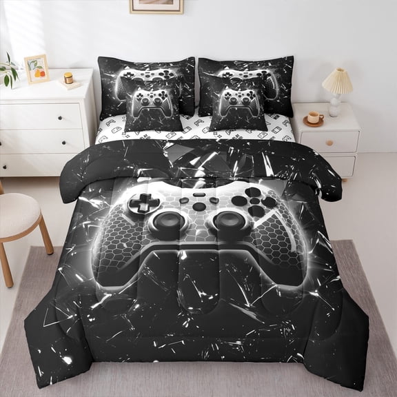 Videogames Reversible 7Pcs Comforter Set Twin Size,Geometric Honeycomb Gameapd Fitted Flat Sheet Modern Gamer Bedding Set Room Decor Teens Black Gaming 2 Throw Pillow,2 Pillowcases