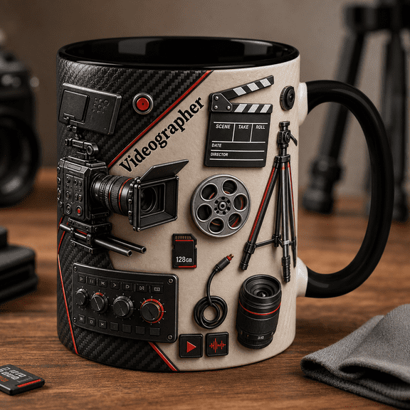Videographer Mug 3D Effect Camera Gear Coffee Cup Gift for Filmmaker Editor