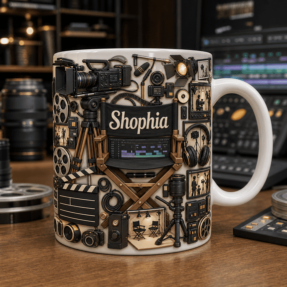 Videographer Mug Custom Name Gift Mug with Camera Tripod Film Slate Design