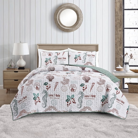 Videri Home Lightweight Microfiber Quilt Set, Soft & Breathable All Season Bedspread, Machine Washable, Green Full/Queen