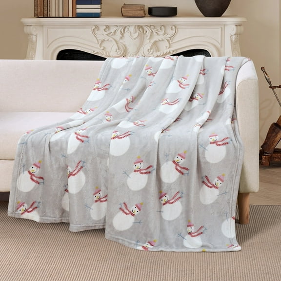 Videri Home Christmas Velvet Plush Throw Blanket – 220GSM Soft Flannel, Holiday Prints, Cozy and Durable, Machine Washable Gift Throw for Bed, Sofa, Travel(50×60in, Gray Snowman)