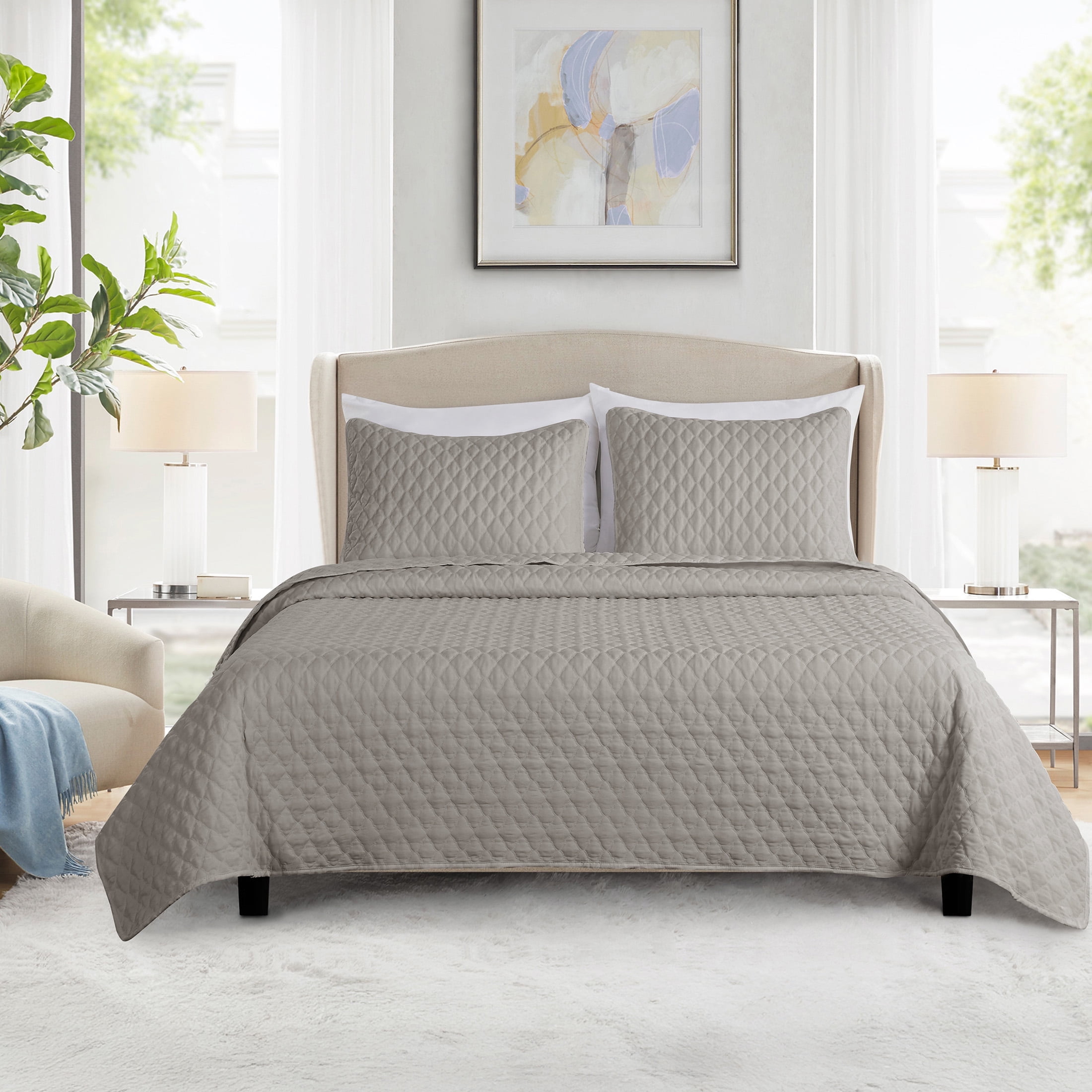 Videri Home Diamond Pattern Queen Quilt Set, All Season Lightweight Bedspread Coverlet, Soft Brushed Microfiber, Machine Washable(Gray, Full/Queen)