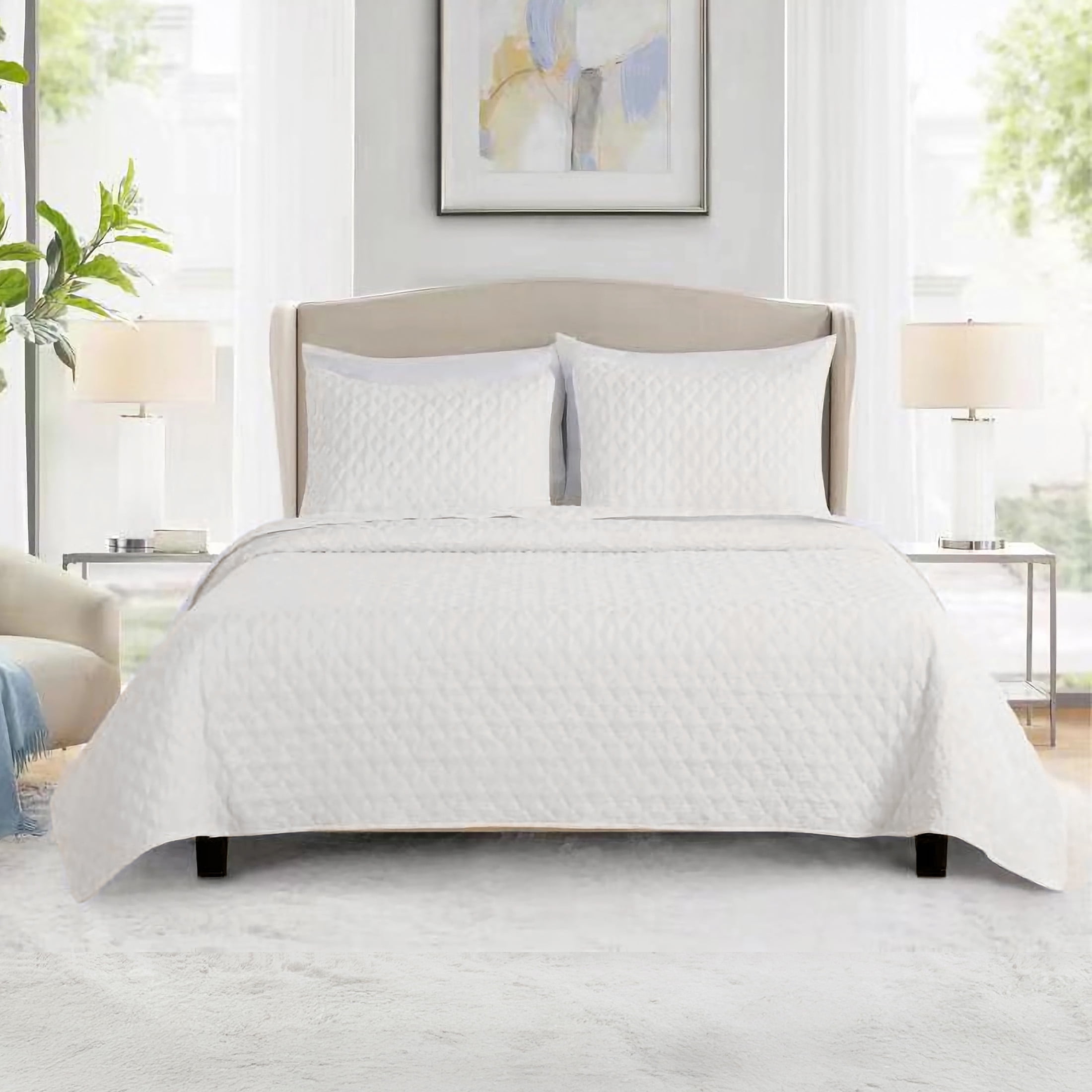 Videri Home Diamond Pattern Queen Quilt Set, All Season Lightweight Bedspread Coverlet, Soft Brushed Microfiber, Machine Washable(White, Full/Queen)