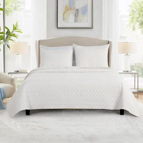 Videri Home Diamond Pattern Queen Quilt Set, All Season Lightweight Bedspread Coverlet, Soft Brushed Microfiber, Machine Washable(White, King)