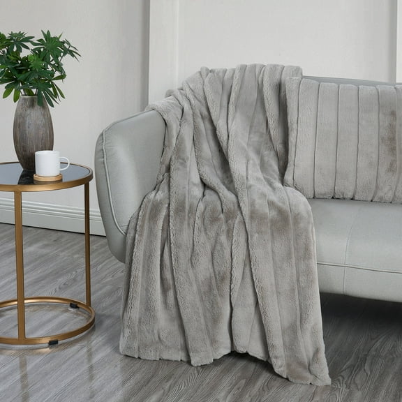 Videri Home Faux Fur Stripe Blanket and Pillow Set, Ultra-Soft 420GSM Flannel, Embossed Design, Cozy & Durable for Bedroom, Living Room, or Office(50×60in, Gray)