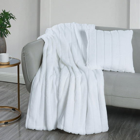 Videri Home Faux Fur Stripe Blanket and Pillow Set, Ultra-Soft 420GSM Flannel, Embossed Design, Cozy & Durable for Bedroom, Living Room, or Office(50×60in, White)