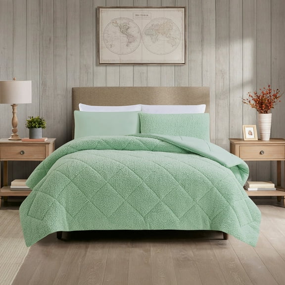 Videri Home Flannel Sherpa Comforter Set All Season Hollow Fiber Fill (Green, Full/Queen)