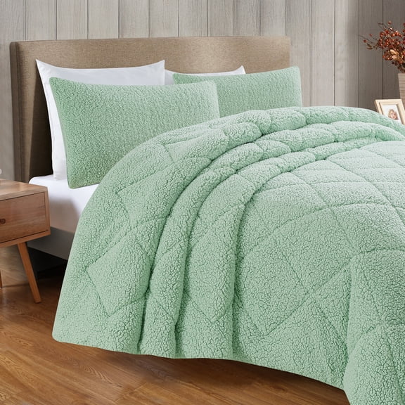 Videri Home Flannel Sherpa Comforter Set All Season Hollow Fiber Fill (Green, King)