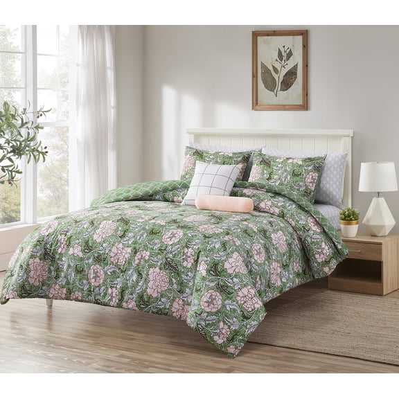 Videri Home Floral Printed Bed-in-a-Bag Comforter Set, All Season Lightweight Soft Microfiber Bedding, Breathable & Machine Washable (Peony, King)