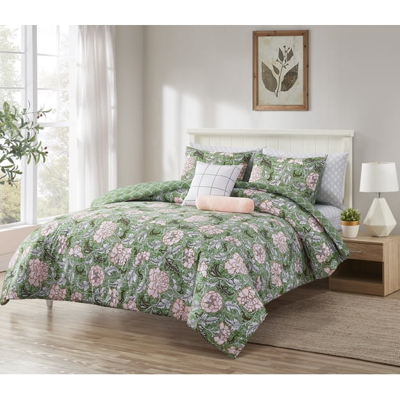 Videri Home Floral Printed Bed-in-a-Bag Comforter Set, All Season Lightweight Soft Microfiber Bedding, Breathable & Machine Washable (Peony, Queen)